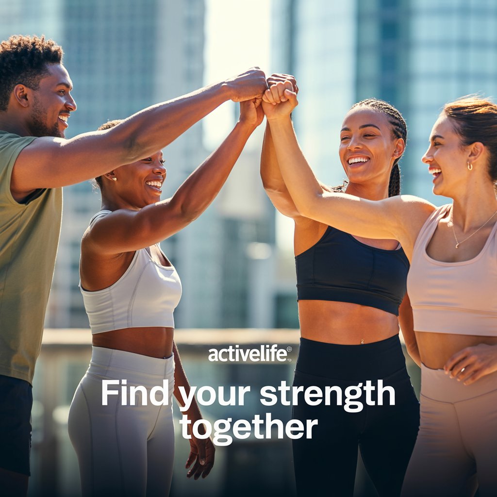 Four fit and smiling individuals in activewear standing outdoors in a city setting, joining hands in a celebratory fist bump, promoting teamwork and motivation in fitness.