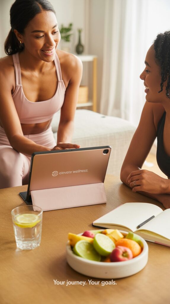 wo women smiling and discussing wellness plans at a table with a tablet, notebook, glass of lemon water, and a bowl of fresh fruits.