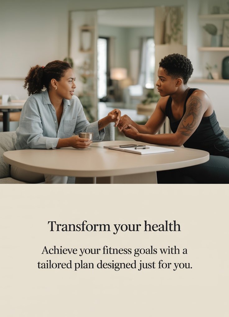 Two women sitting at a round table in a cozy, modern room, holding hands and having a serious conversation, with text below promoting tailored fitness plans for personal health transformation.
