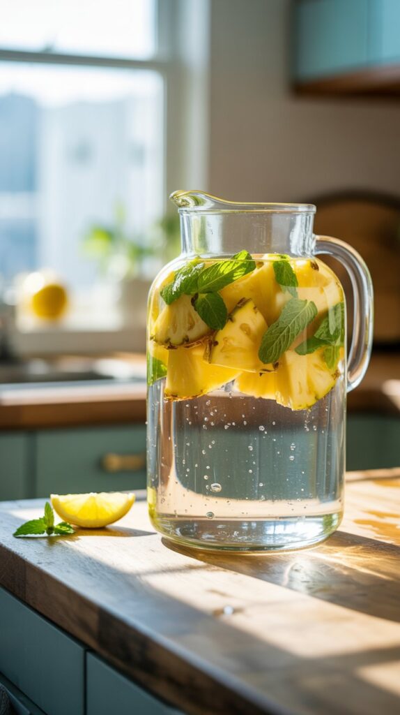 Glass jug of detox water with fresh pineapple chunks and mint leaves on a wooden kitchen counter in sunlight 7 Best Detox Water Recipes for Weight Loss & Energy