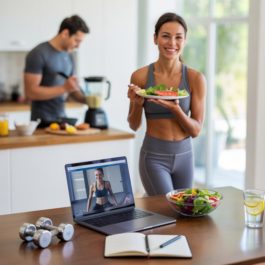 Fit young woman in sportswear holding a plate of fresh salad and watermelon in a bright modern kitchen, with a man blending a smoothie in the background, a laptop streaming a workout session, and a table with dumbbells, salad, and lemon water.