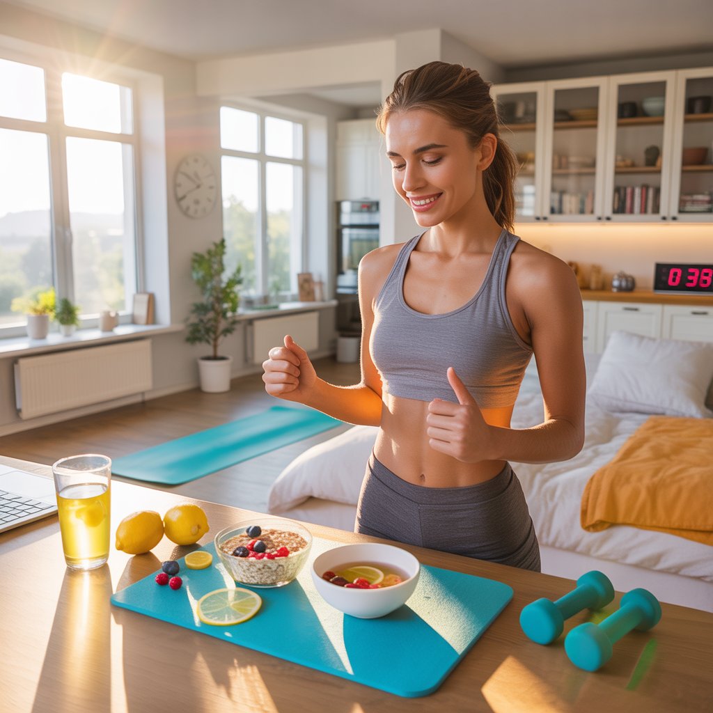 Smiling fit woman in sportswear standing near a table with lemons, oatmeal, berries, and lemon water after a home workout