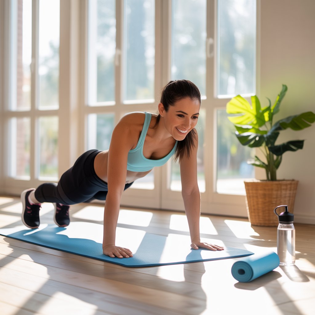 Woman in workout clothes doing a plank exercise on a blue yoga mat indoors, with sunlight streaming through large windows. exercises to lose belly fat