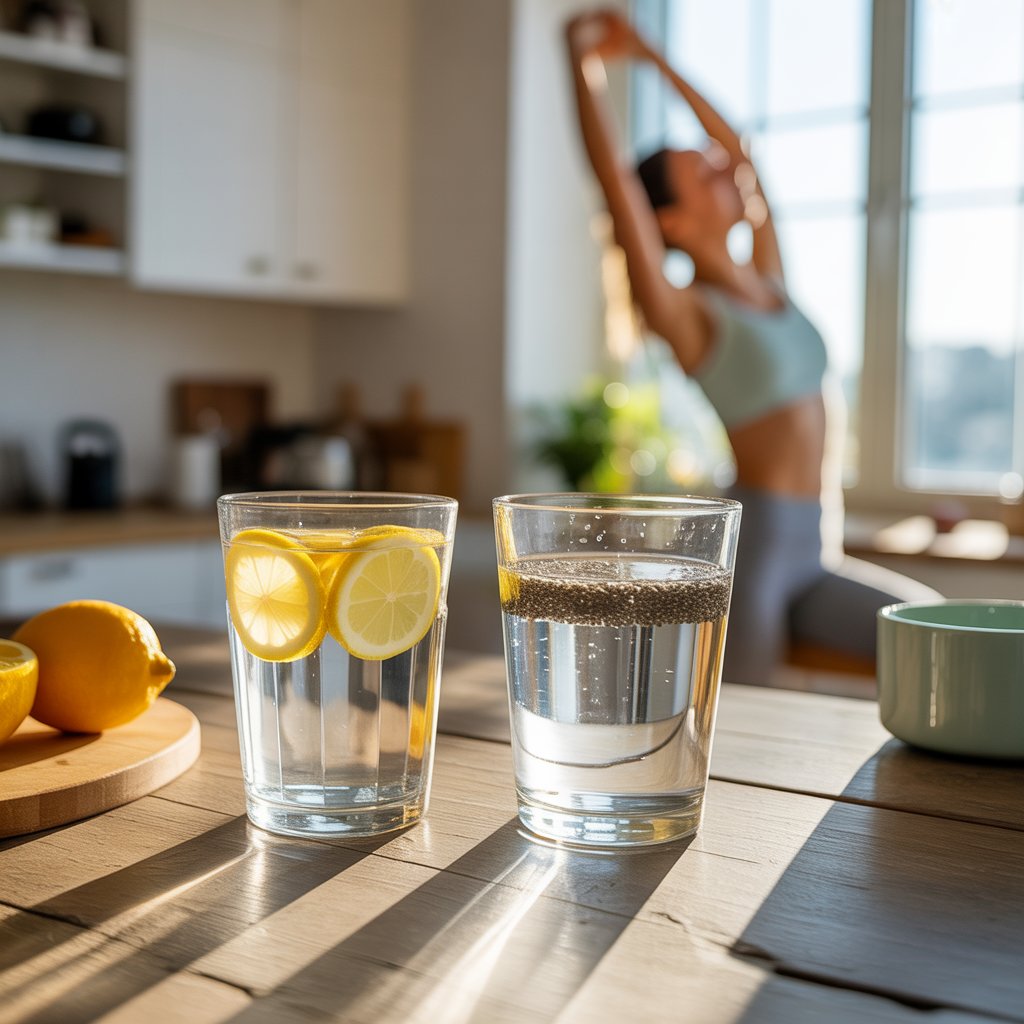 Two glasses of water on a sunlit kitchen table — one with lemon slices and the other with chia seeds — with a blurred background of a woman in activewear stretching near a window. for a better morning weight loss habits