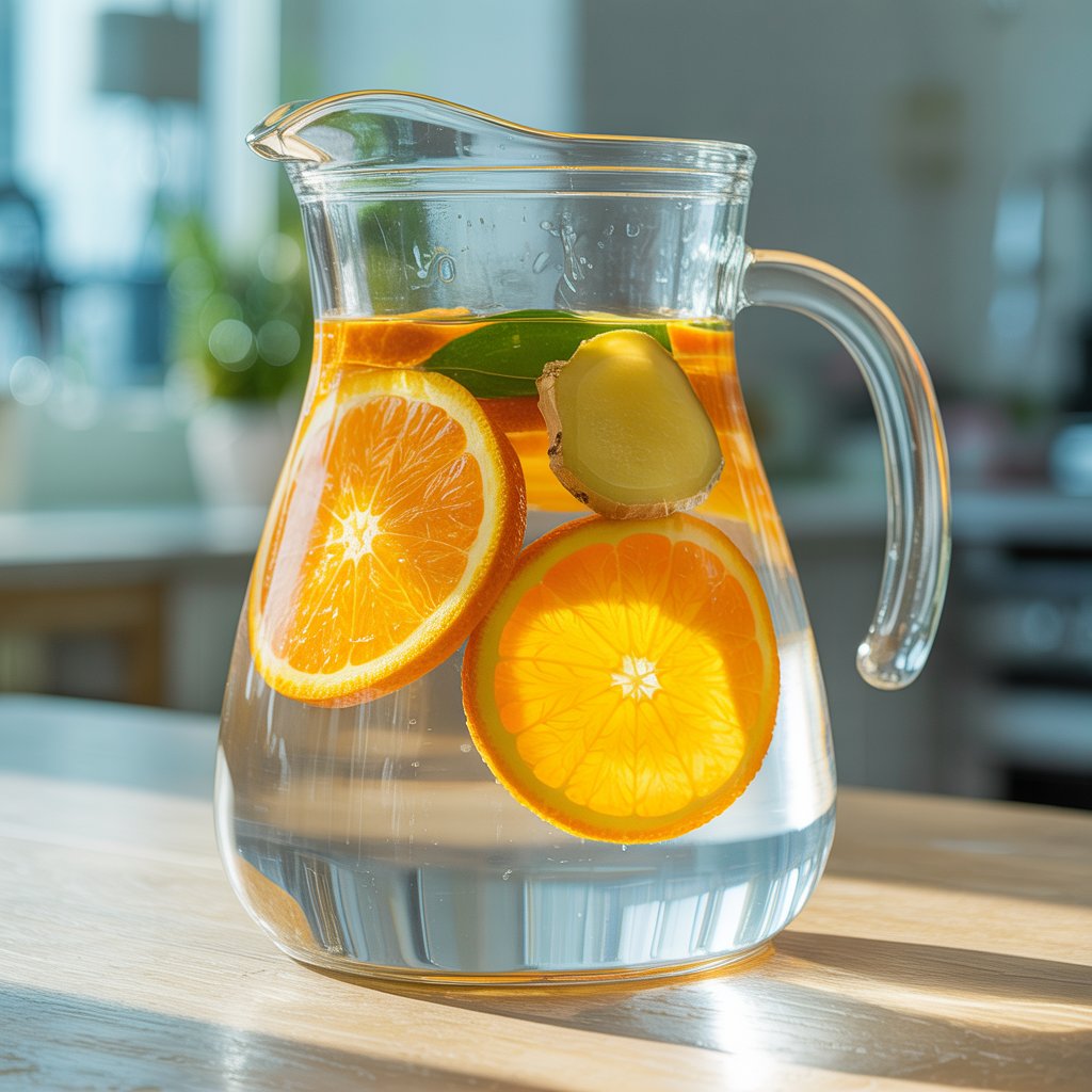 Glass jug of detox water with fresh orange slices and ginger root on a wooden table in bright sunlight.  7 Best Detox Water Recipes for Weight Loss & Energy