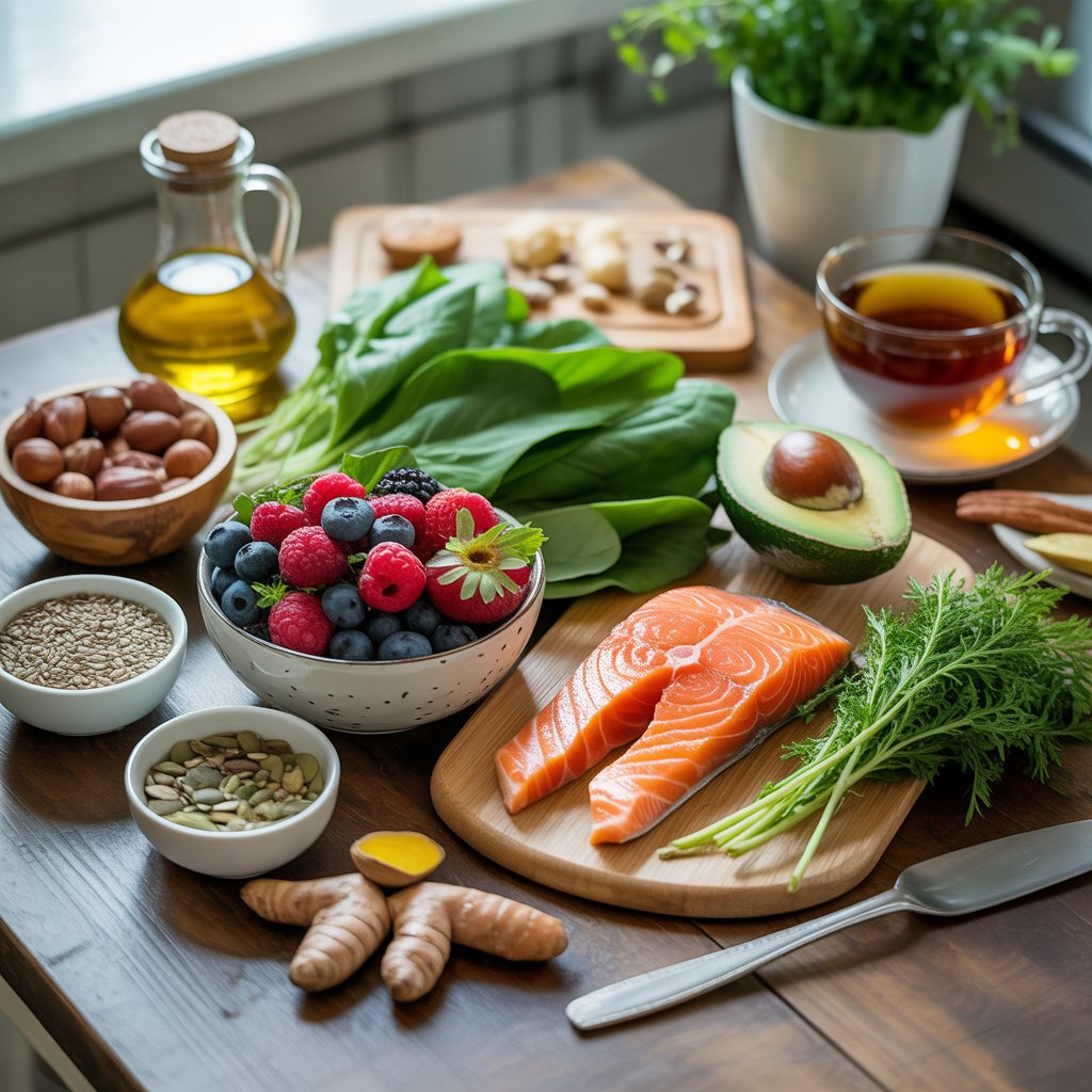 Assorted anti-inflammatory foods including fresh salmon fillets, avocado, berries, leafy greens, seeds, turmeric, nuts, olive oil, and herbal tea on a wooden table.