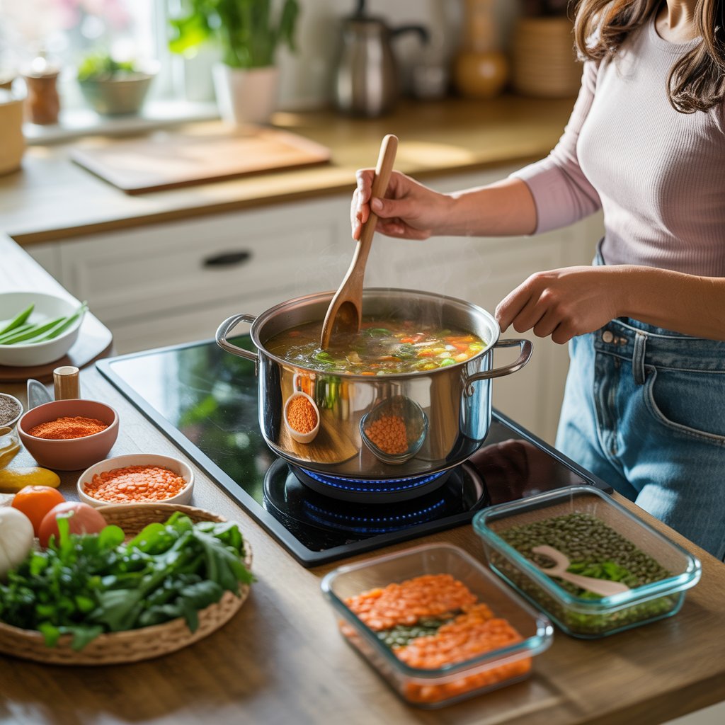 Woman cooking vegetable and lentil soup in a stainless steel pot on a stovetop, with fresh produce and pulses arranged on the counter.