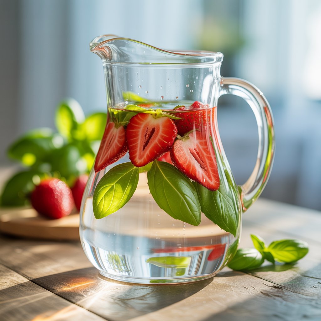 Glass jug of detox water with fresh strawberry slices and basil leaves on a wooden table in sunlight 7 Best Detox Water Recipes for Weight Loss & Energy