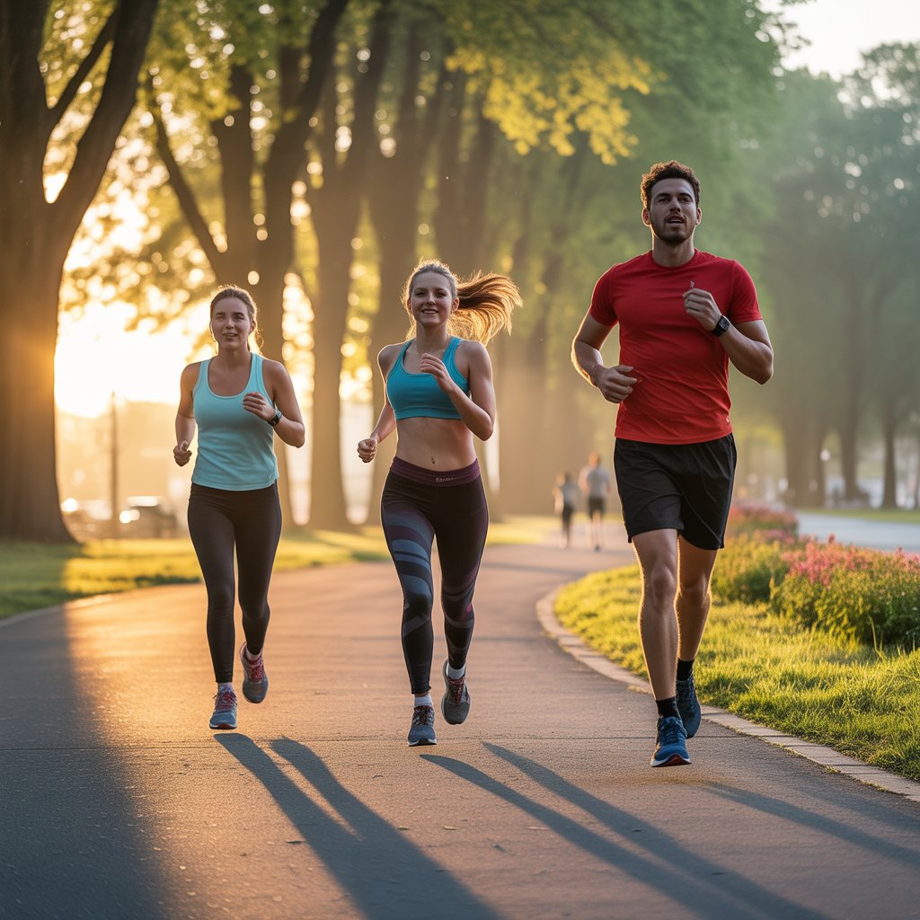 Three people jogging on a tree-lined park path during sunrise, enjoying an early morning workout.