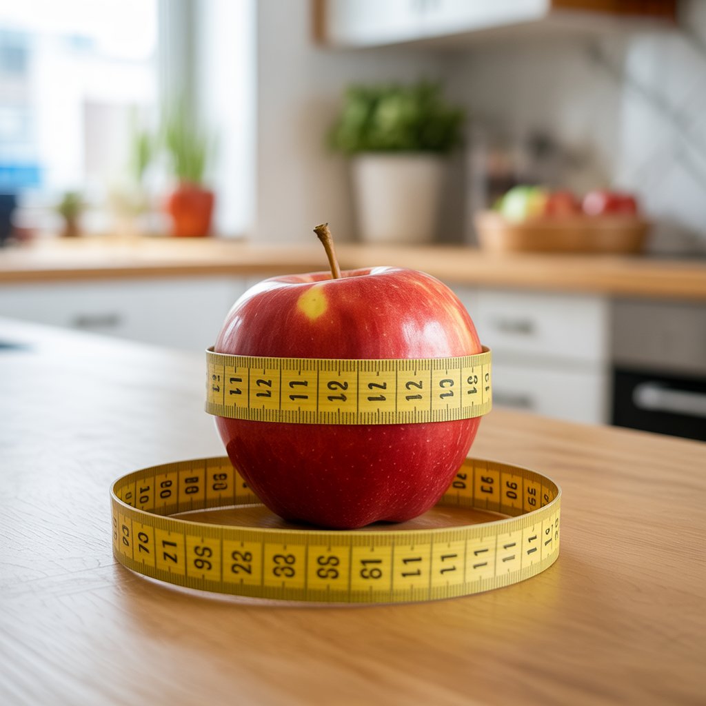 Fresh red apple wrapped with a yellow measuring tape on a wooden kitchen counter, symbolizing weight loss and healthy eating.