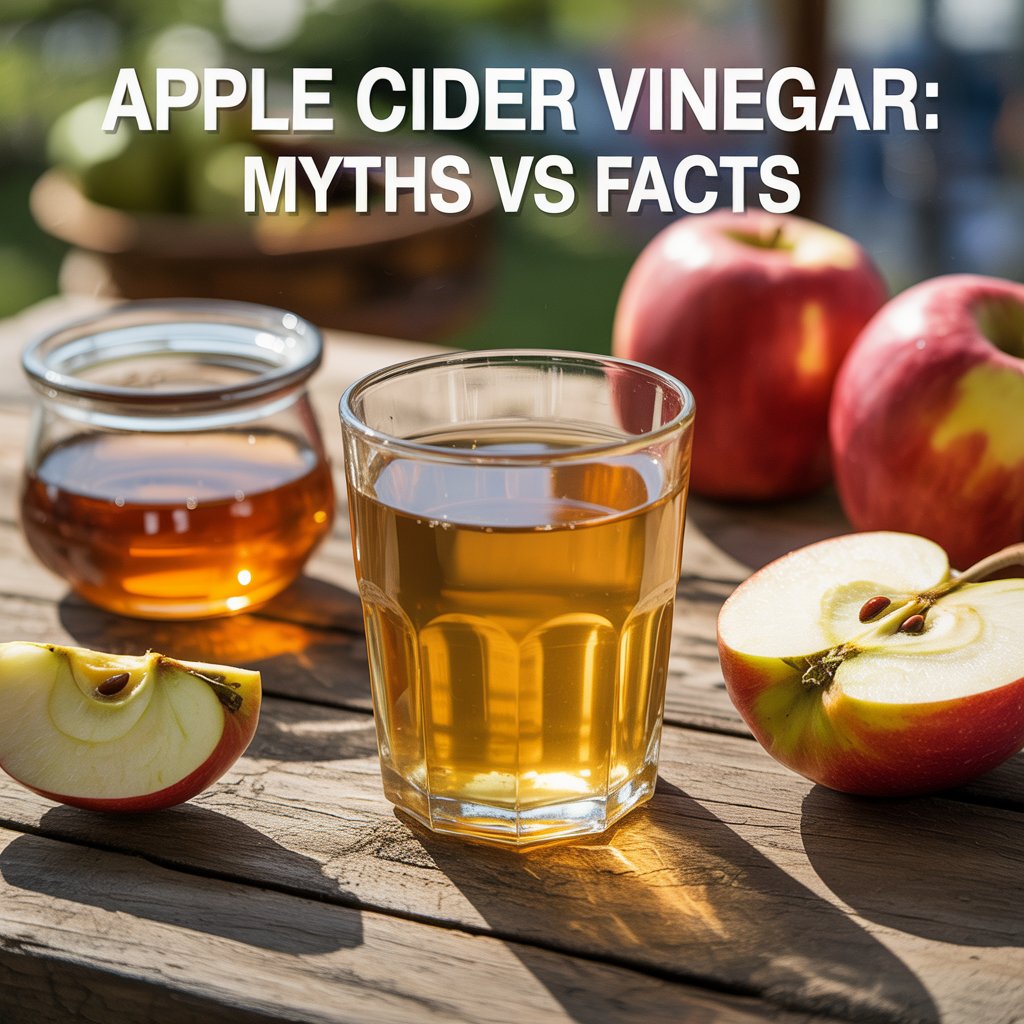 Glass of apple cider vinegar with fresh apples on a wooden table, representing myths vs facts about ACV. 