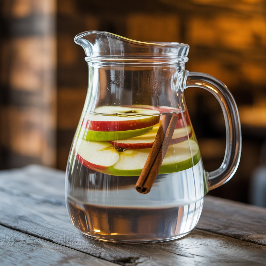 Glass jug of detox water with fresh apple slices and a cinnamon stick on a rustic wooden table. 7 Best Detox Water Recipes for Weight Loss & Energy