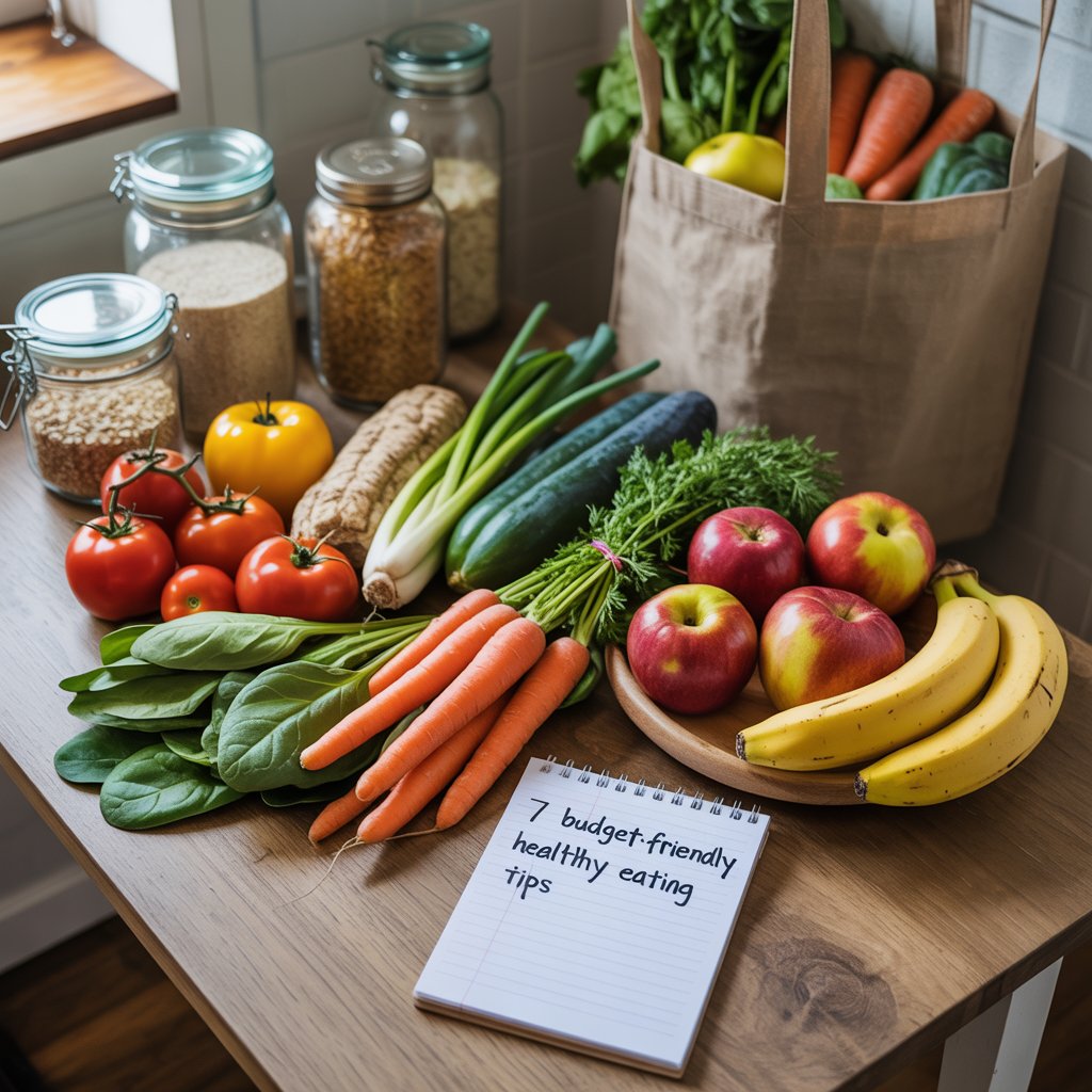 Fresh fruits, vegetables, and jars of grains arranged on a kitchen counter with a notepad titled “7 budget-friendly healthy eating tips.”