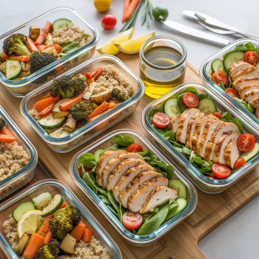 Healthy meal prep containers with grilled chicken, quinoa, roasted vegetables, and fresh salad on a wooden board