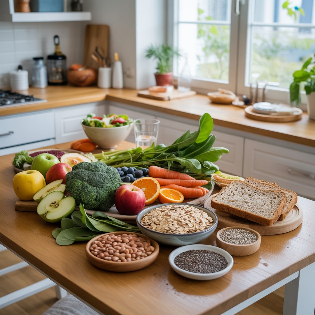 Variety of fiber-rich foods including fruits, vegetables, whole grains, seeds, and legumes on a kitchen table.