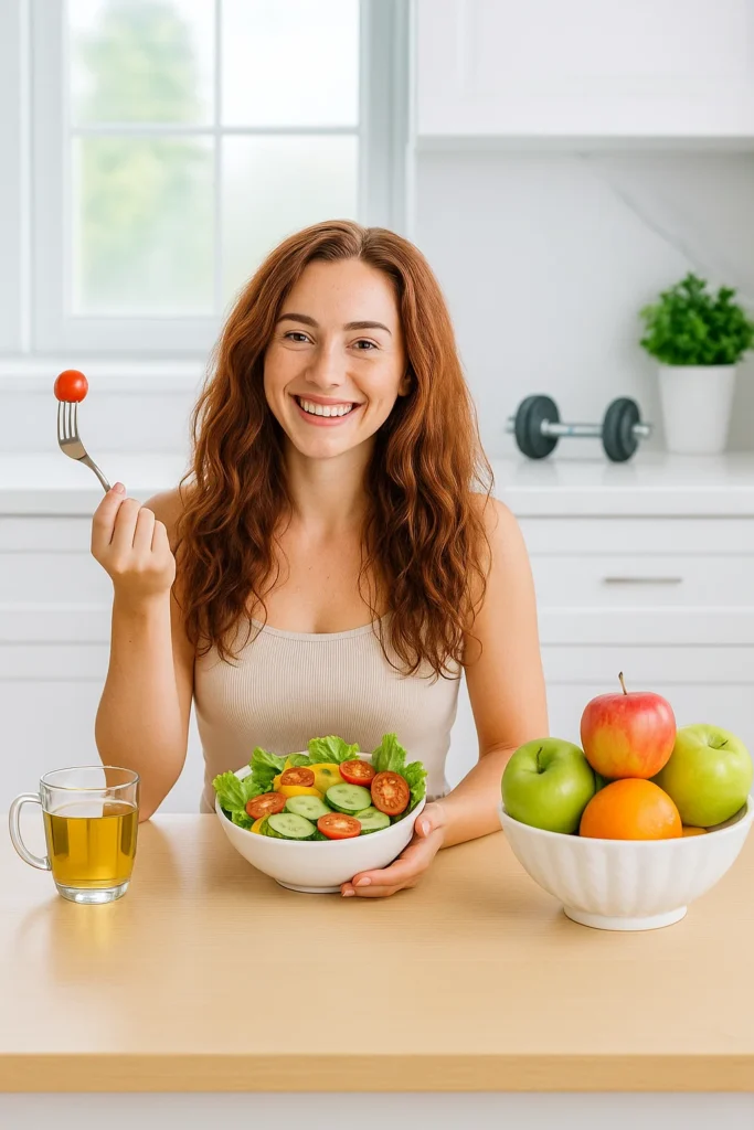 Smiling woman with long red hair enjoying a fresh vegetable salad at a kitchen table, holding a cherry tomato on a fork, with a bowl of assorted fruits and a glass of herbal tea beside her.