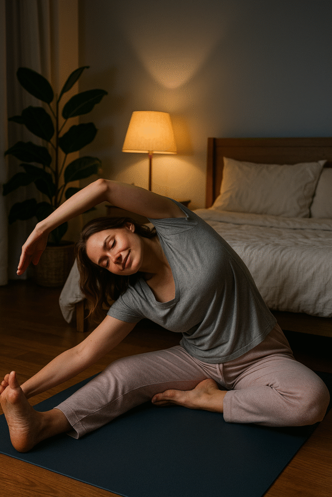 A woman doing a relaxing side stretch on a yoga mat before bedtime in a cozy bedroom setting.