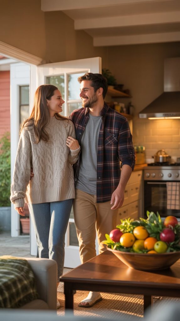 A smiling couple standing together in a modern kitchen with a bowl of fresh fruits on the table, symbolizing healthy eating and weight loss for couples.