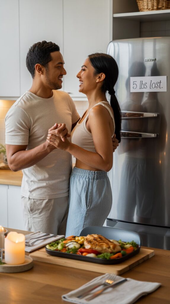 A happy couple celebrating weight loss progress in their kitchen with a healthy meal on the table and a sign on the fridge that says "5 lbs lost."