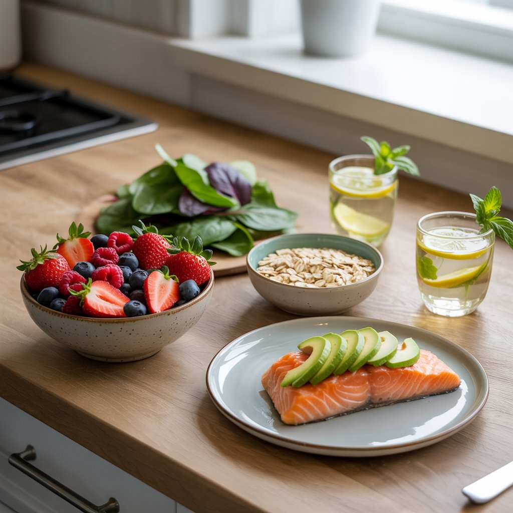 A healthy fat-burning meal featuring fresh salmon topped with avocado slices, a bowl of berries, leafy greens, oats, and lemon-infused water on a wooden kitchen counter. Fat Burning Foods List