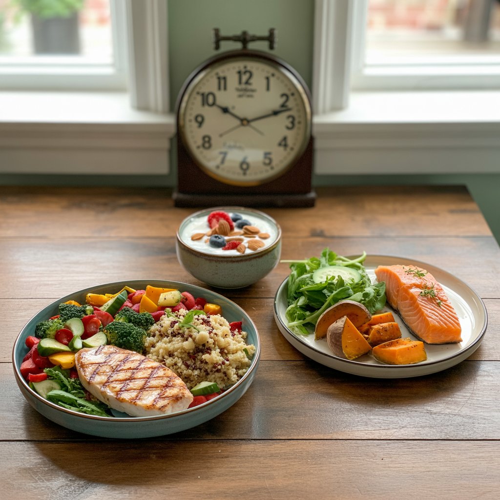 Healthy intermittent fasting meals including grilled chicken with quinoa, Greek yogurt with berries, and salmon with salad, arranged with a clock showing eating hours.