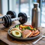 A balanced fitness meal plate with grilled chicken breast, avocado, sweet potatoes, rice, and colorful steamed vegetables placed on a wooden table beside dumbbells and a water bottle. Refeed Days