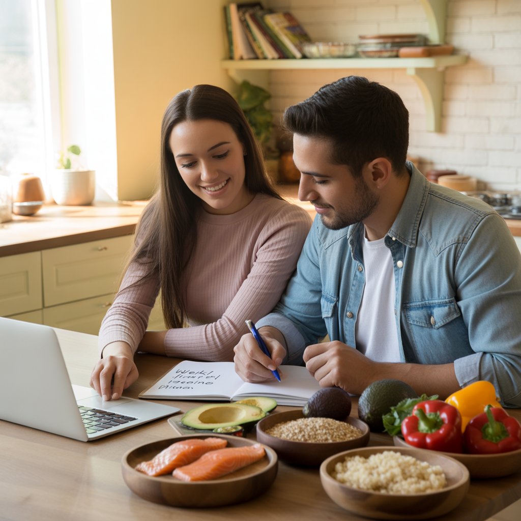 A young couple planning their weekly meal routine with salmon, avocado, quinoa, and fresh vegetables for weight loss success.