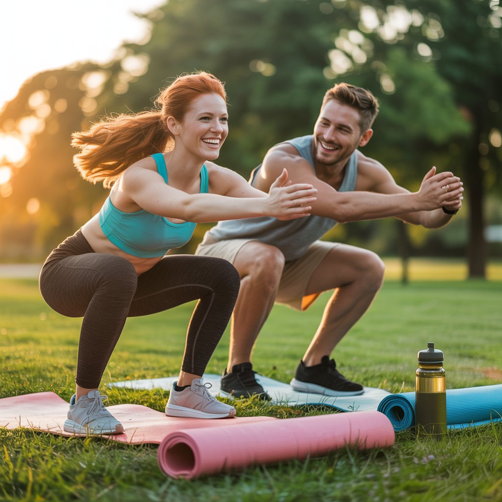 A happy couple exercising together outdoors, doing squats on yoga mats in the park, symbolizing weight loss for couples and fitness motivation.