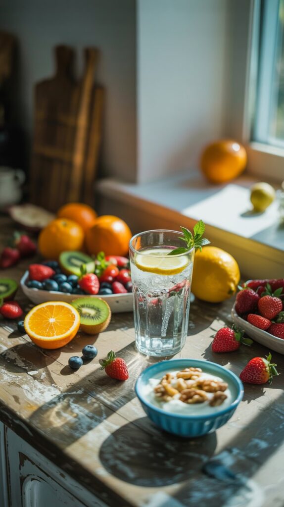 A rustic wooden table with lemon water, fresh berries, kiwi, oranges, and yogurt topped with walnuts, representing a no-sugar healthy diet.