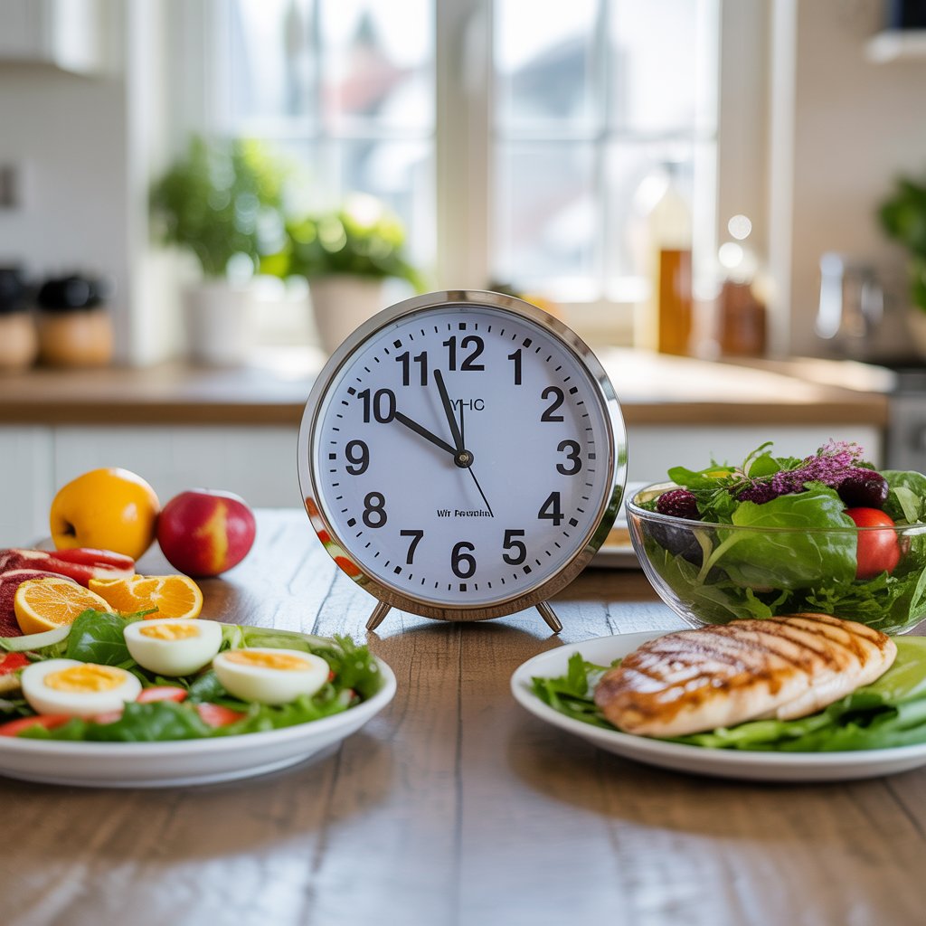 A clock on a kitchen table surrounded by healthy foods like eggs, salad, fruits, and grilled chicken, symbolizing intermittent fasting. fasting hours for weight loss