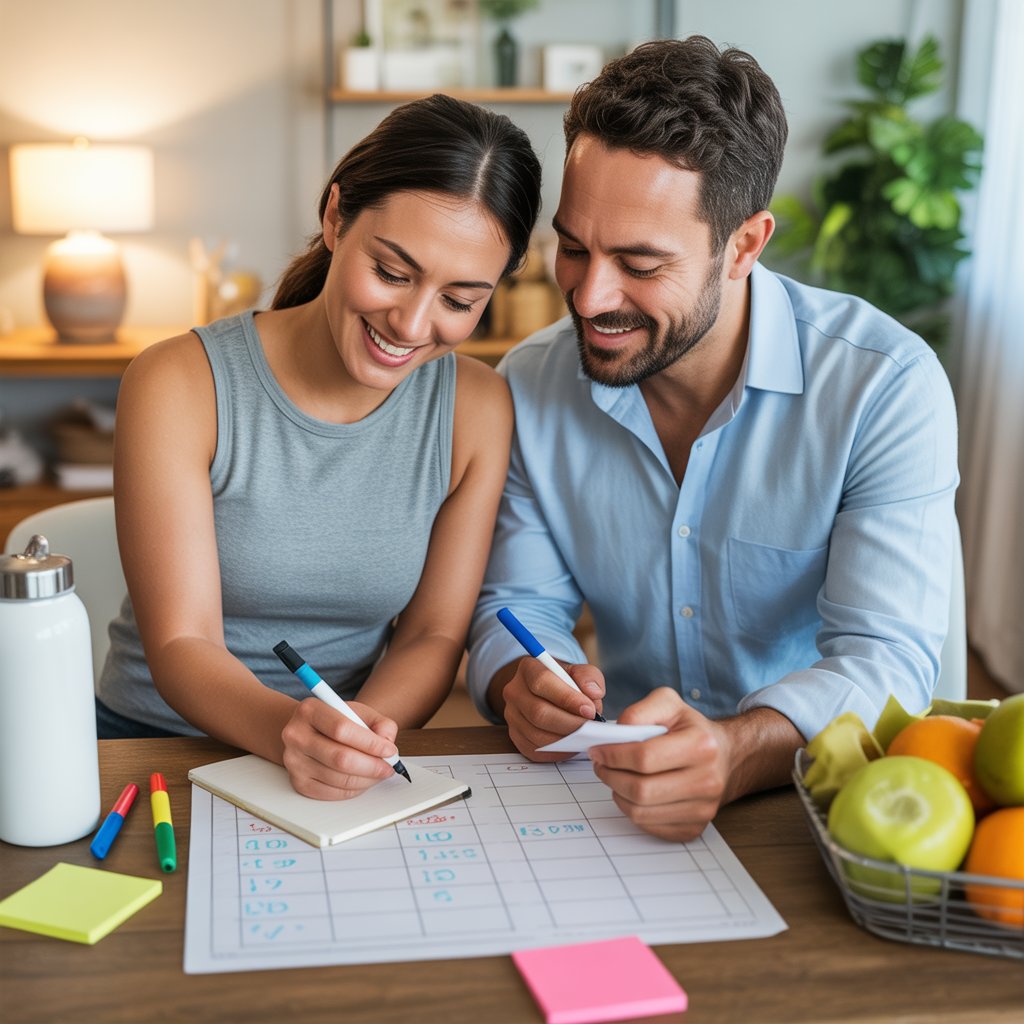 A smiling couple planning their weight loss journey together at home with a healthy meal plan and fresh fruits on the table.