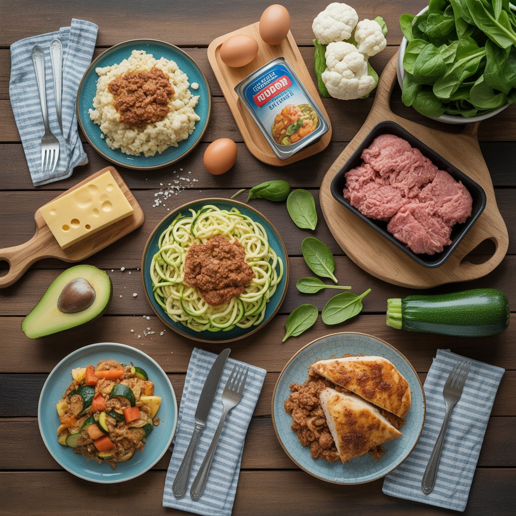 A variety of affordable keto dinner recipes including zucchini noodles, cauliflower rice, ground meat, avocado, and vegetables on a wooden table. Cheap Keto Dinner Recipes: 10 Easy Low-Carb Meals