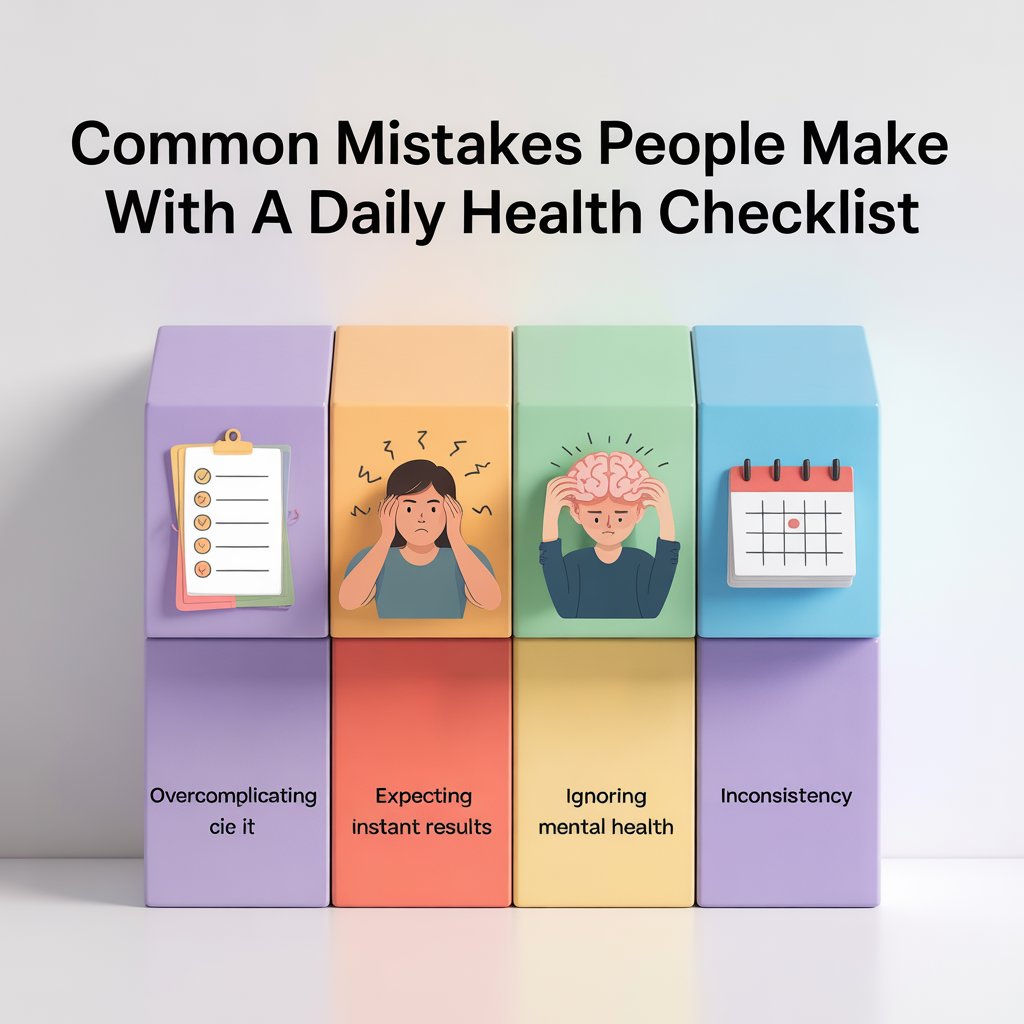 Infographic showing common mistakes people make with a daily health checklist, including overcomplicating tasks, expecting instant results, ignoring mental health, and inconsistency.