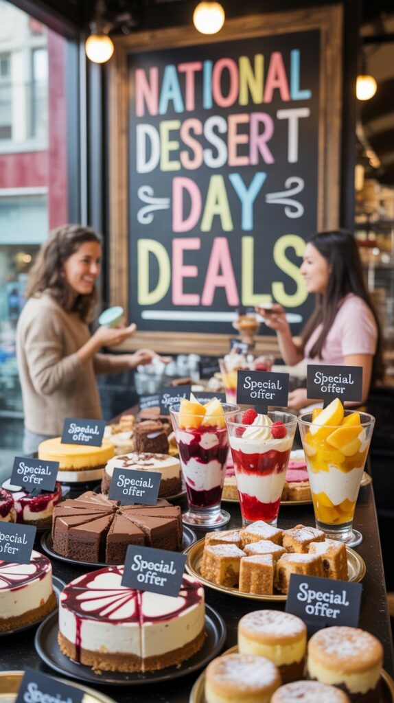 Dessert café offering special deals for national dessert day with cakes, parfaits, and pastries on display.