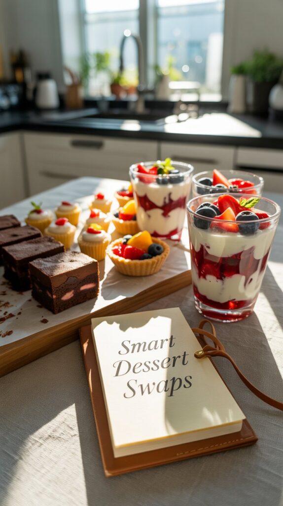 Assorted desserts and fruit parfaits on a kitchen table for national dessert day