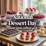 Elegant dessert table with chocolate squares, cupcakes, and berry parfaits celebrating national dessert day