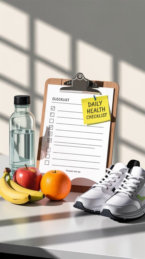 A clipboard with a daily health checklist surrounded by fresh fruits, water bottle, and running shoes symbolizing fitness and wellness.