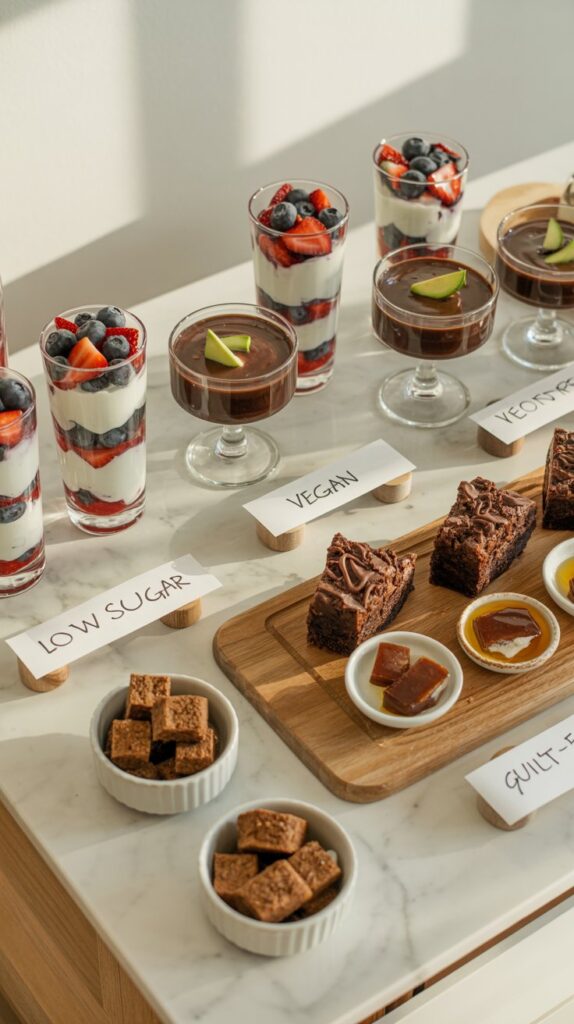 Healthy dessert options including low sugar parfaits, vegan chocolate mousse, and guilt-free brownies for national dessert day.