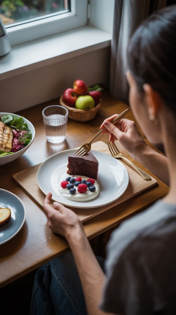 A woman enjoying a dessert on National Dessert Day, featuring a slice of rich chocolate cake served with whipped cream and fresh berries on a white plate, alongside a healthy salad and fruit bowl on a cozy window-side table. national dessert day